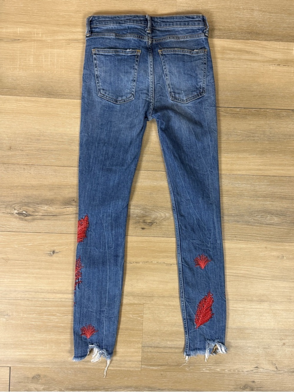 Zara Woman Embroidered Skinny Jeans Distressed Raw Hem Denim | Size 2 - Picture 2 of 6